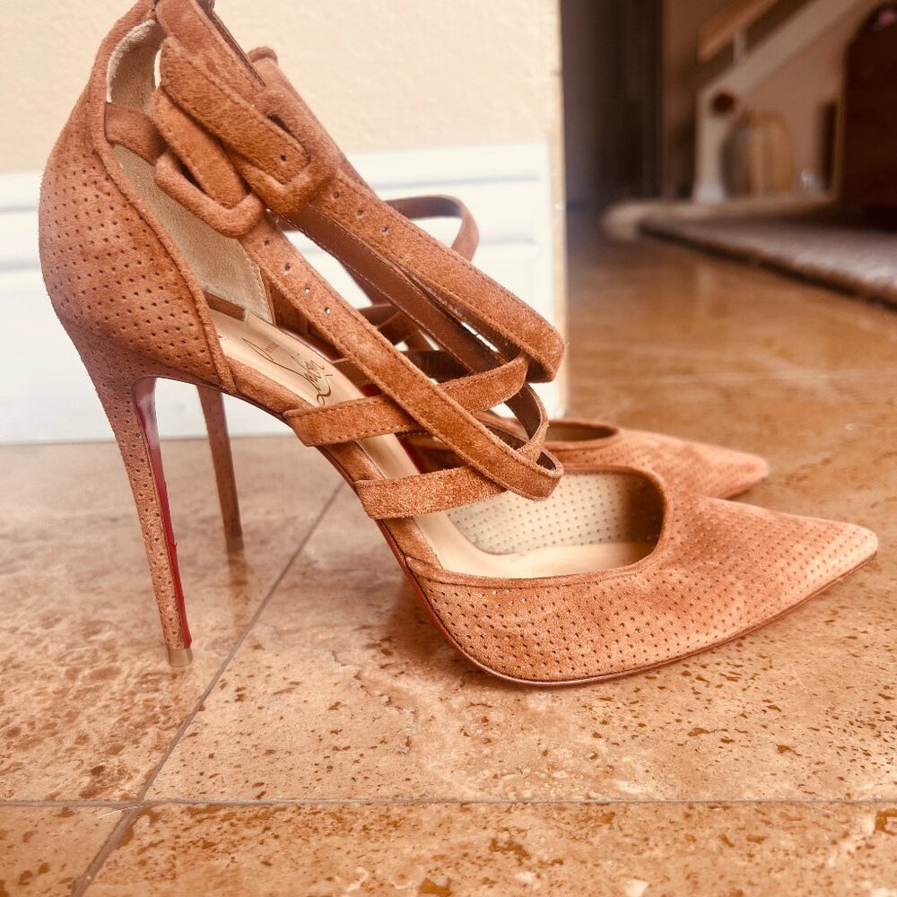Christian Louboutin --100 Biscotto Brown, Suede, Pointed-Toe Heels - Size 39